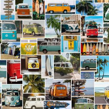 Dekostoff Halbpanama mit Bulli, Fotocollage in Bunt, Nahaufnahme der Oberfläche